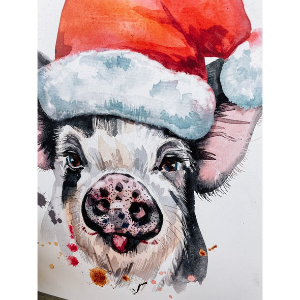 Christmas Pig With Hat Wood Sign
