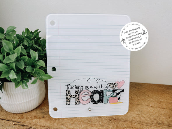 Teaching Is A Work Of Heart, Teacher Gift, Teacher Desk Decor, Teacher Dry Erase Board