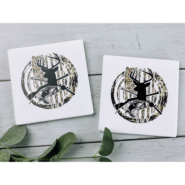 Hunting With Buck, Cameo and Flag Sandstone Coasters