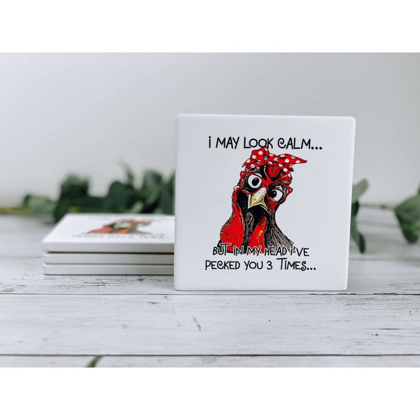 i am may look calm, rooster decor, rooster coasters, drink coasters, beverage coasters