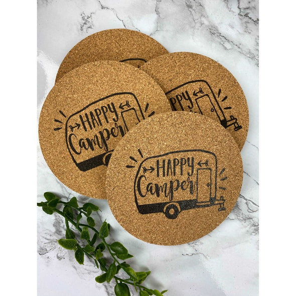 Happy Camper Cork Or Sandstone Coasters