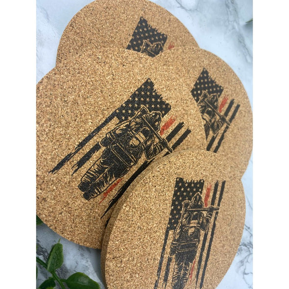 Fireman With American Flag Cork Coasters