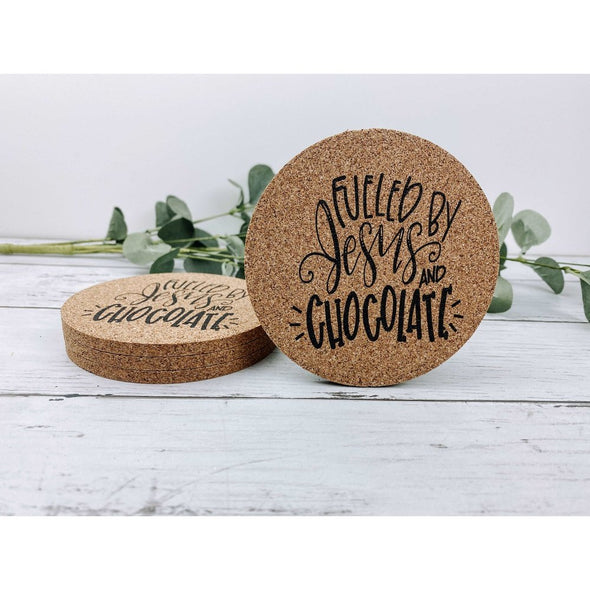 Fueled By Jesus And Chocolate Cork Coasters