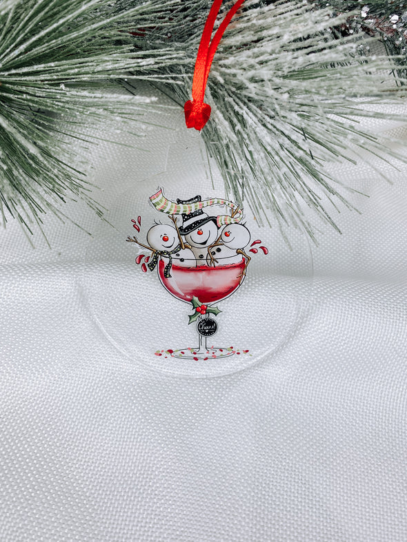 Three Snowman In Wine Glass Christmas Ornament