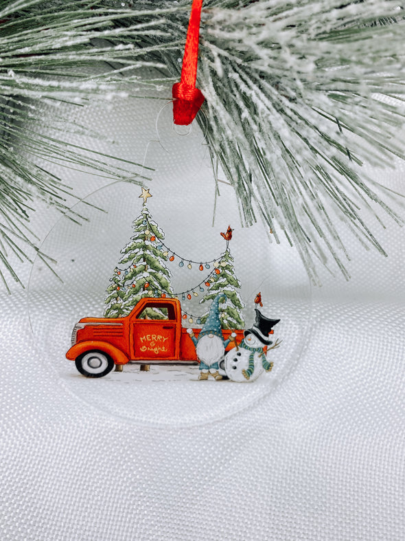 christmas truck with gnome and snowman christmas ornament