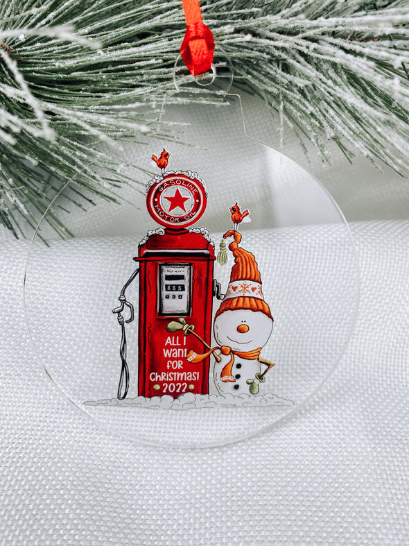 snowman and vintage gas pump christmas ornament