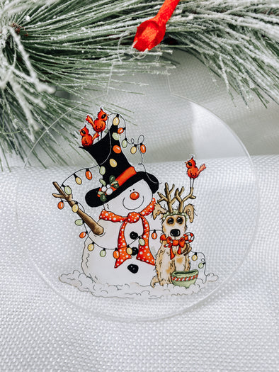 Snowman With Dog Christmas Ornament