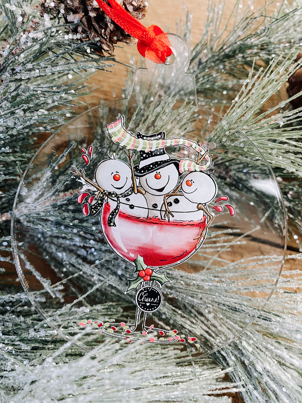 Three Snowman In Wine Glass Christmas Ornament