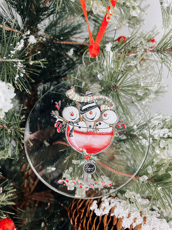 Three Snowman In Wine Glass Christmas Ornament