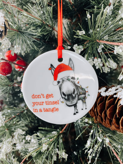 don't get your tinsel in a tangle with donkey christmas ornament