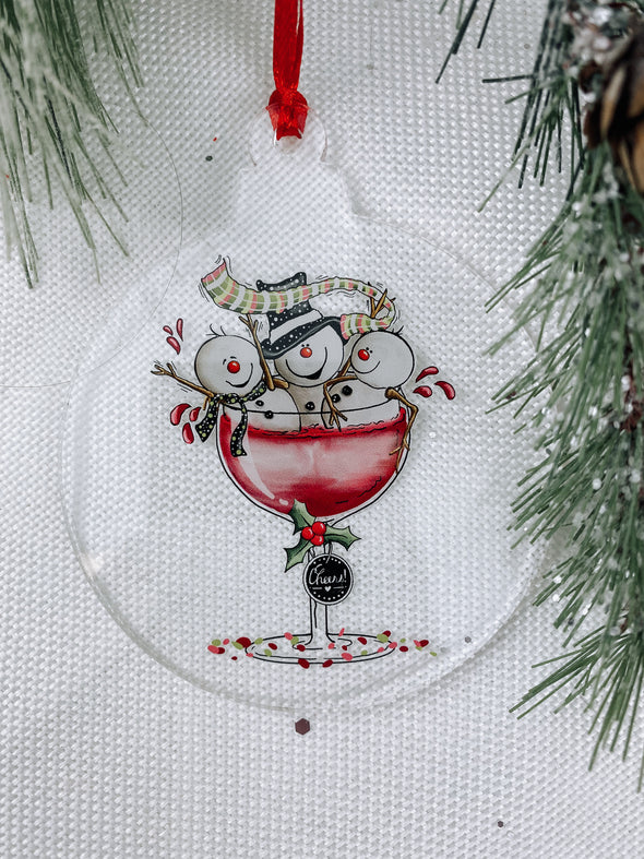 Three Snowman In Wine Glass Christmas Ornament