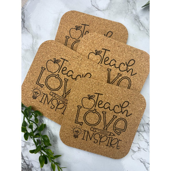 Teach Love Inspire Cork With Apple and Pencil Cork or Sandstone Coasters