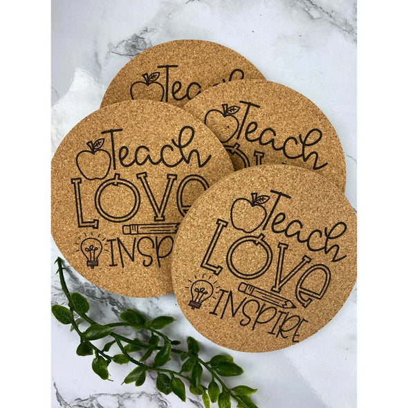 Teach Love Inspire Cork With Apple and Pencil Cork or Sandstone Coasters