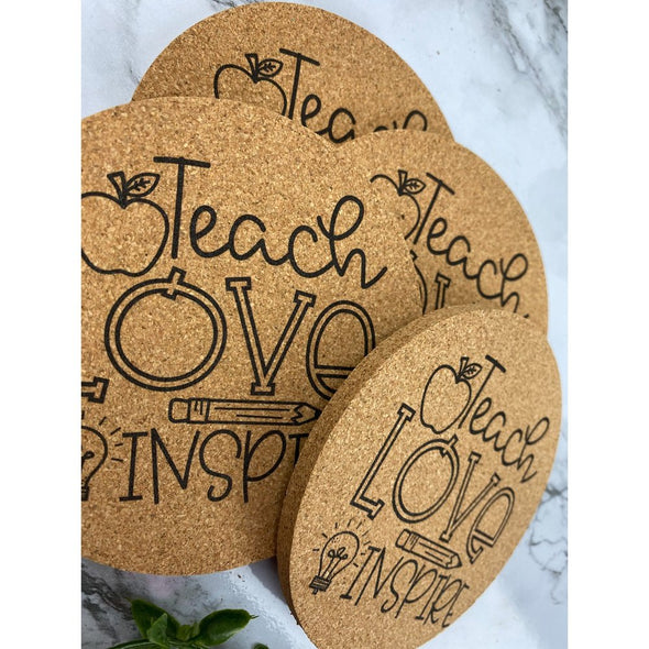 Teach Love Inspire Cork With Apple and Pencil Cork or Sandstone Coasters