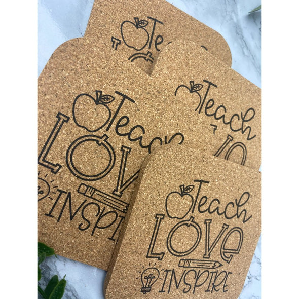 Teach Love Inspire Cork With Apple and Pencil Cork or Sandstone Coasters