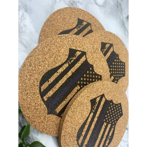 Police Badge With American Flag Cork Or Sandstone Coasters
