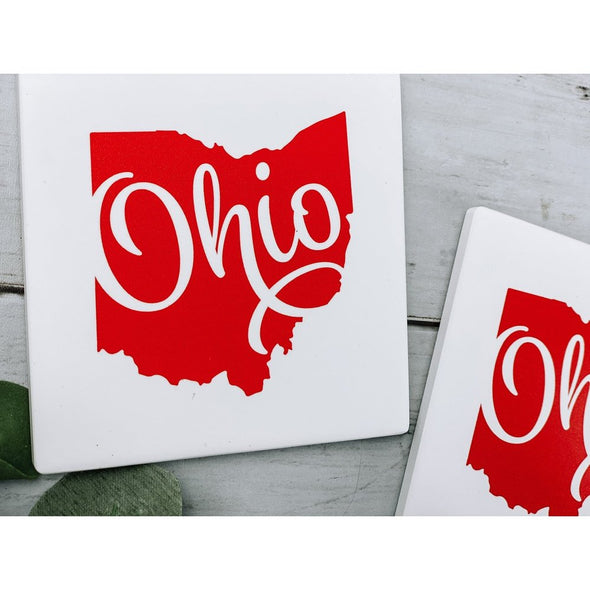 Ohio State With Ohio Word in Red Sandstone Coasters