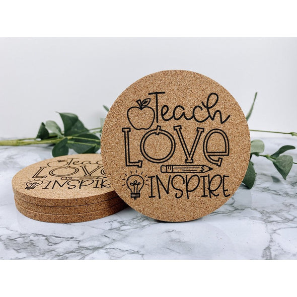Teach Love Inspire Cork With Apple and Pencil Cork or Sandstone Coasters