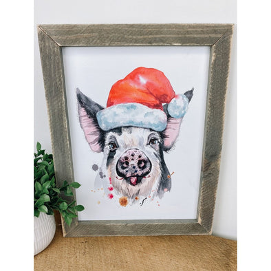 Christmas Pig With Hat Wood Sign