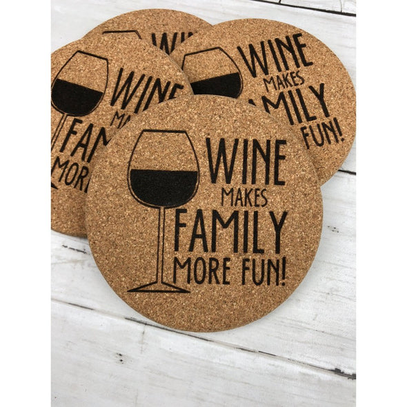 Wine Makes Family More Fun Cork Or Sandstone Coasters