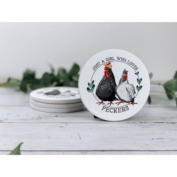just a girl who loves peckers, rooster decor, chicken decor, rooster coasters, drink coasters, beverage coasters, funny coasters
