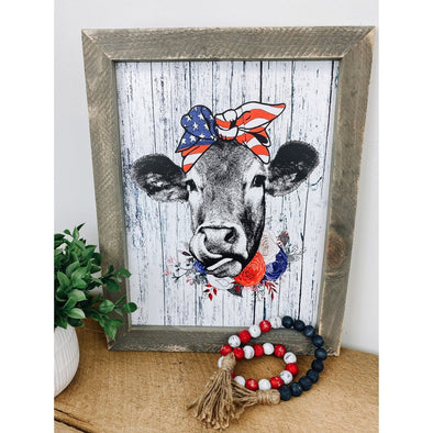 Patriotic Cow With Flowers Sign