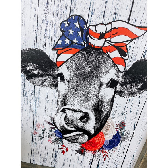 Patriotic Cow With Flowers Sign