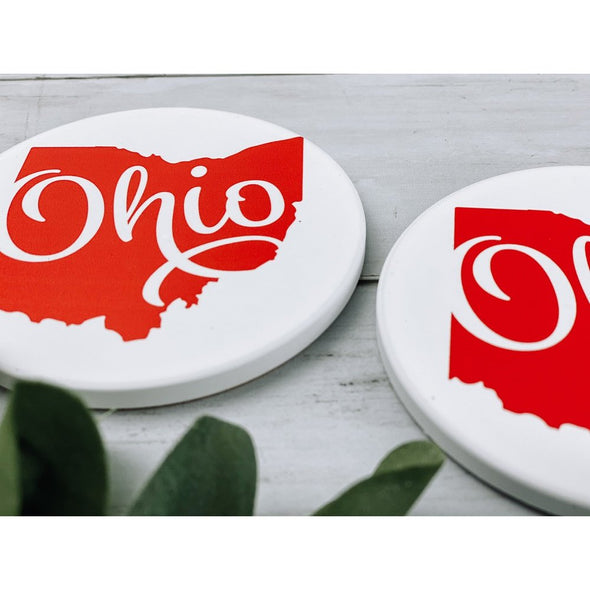 Ohio State With Ohio Word in Red Sandstone Coasters