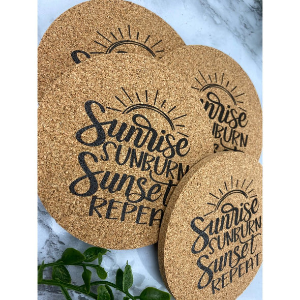 Sunrise Sunburn Sunset Repeat Cork Or Sandstone Coasters