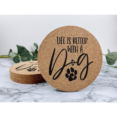 life is better with a dog, dog decor, dog life, dog coasters, dog mom, dog gift, beverage coasters, drink coasters