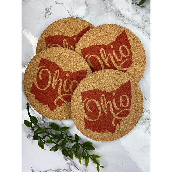 Ohio With Script Ohio In Red Cork Or Sandstone Coasters