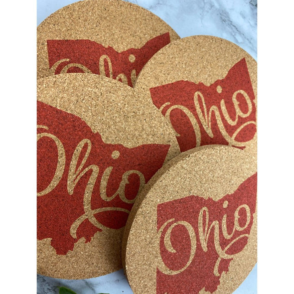 Ohio With Script Ohio In Red Cork Or Sandstone Coasters