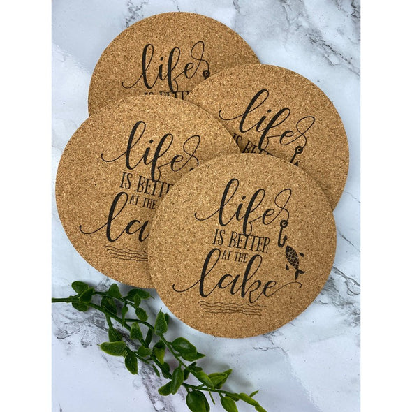 Life Is Better At The Lake With Fish Cork Or Sandstone Coasters