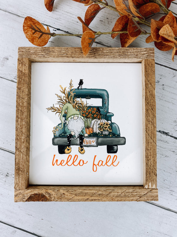 Hello Fall With Gnome and Truck Subway Tile Sign