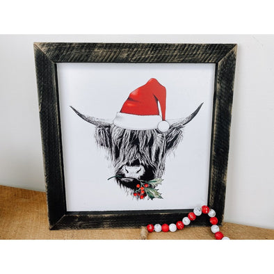 Scottish Christmas Cow Wood Sign