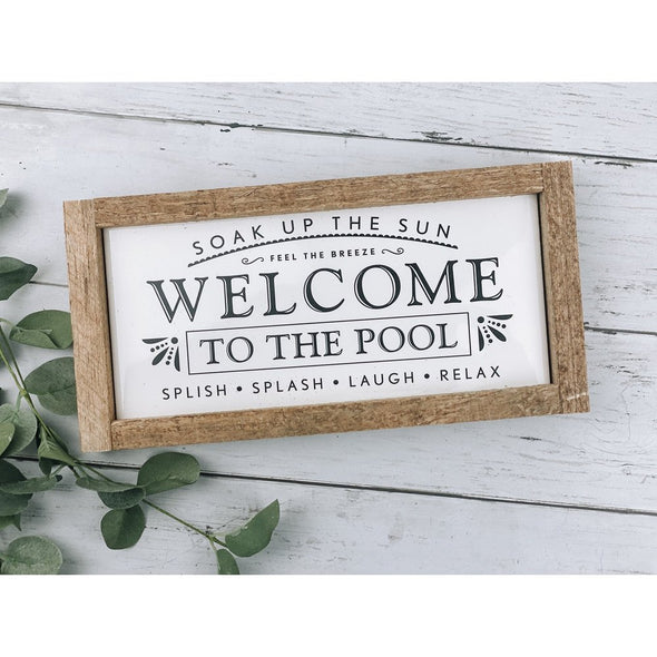 welcome to our pool subway tile sign