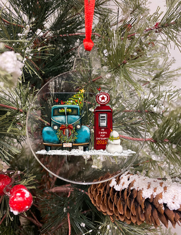 Vintage Truck With Snowman and Gas Pump Christmas Ornament