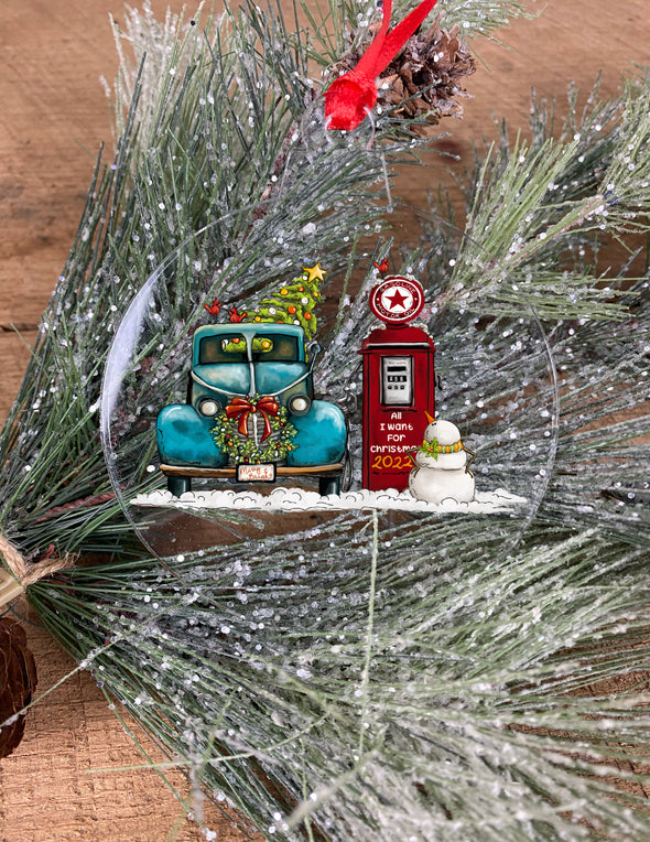 Vintage Truck With Snowman and Gas Pump Christmas Ornament